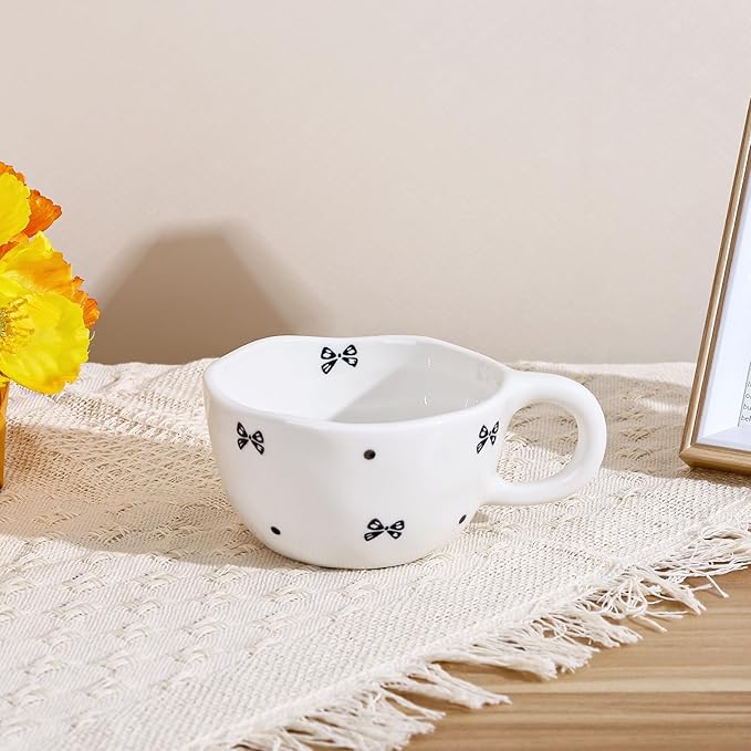 Koythin Ceramic Coffee Mug, Handmade Hot Chocolate Mugs, Cute Cup for Girl Women, Aesthetic Tea Milk Cup with Handle, 8.5 oz/250 ml for Latte, Cocoa, Office, Home (Black Small Bow)