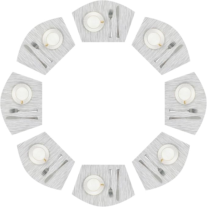 SHACOS Wedge Placemats Set of 8 Woven Vinyl Placemats for Small Round Table Place Mats Wipe Clean Non Slip Table Mats, Gray White