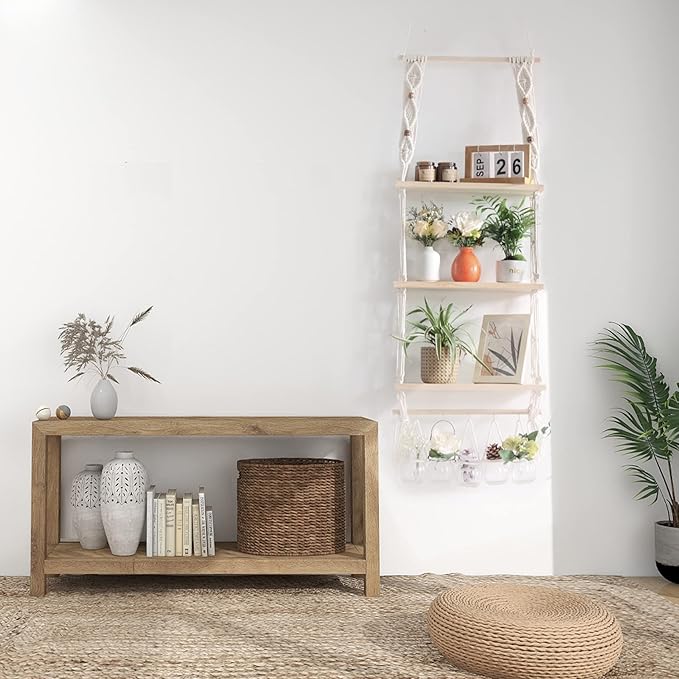 Wall Hanging Shelves Macrame Boho Floating Plant Photos Storage Rack Wood Shelf with Hooks for Bedroom Living Room Bathroom (3tier Shelves)