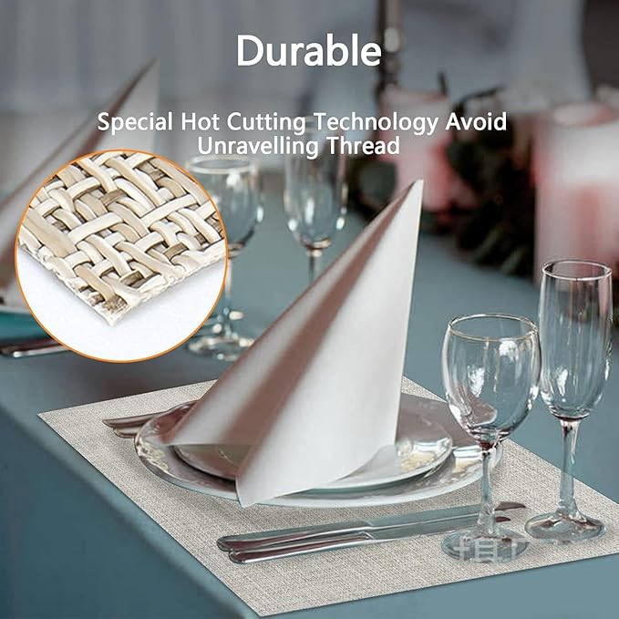 DACHUI Placemats Set of 6, Linen Look Woven Place Mats, Water Resistant, Heat Resistant, Washable, Durable Table Mats (Beige White)