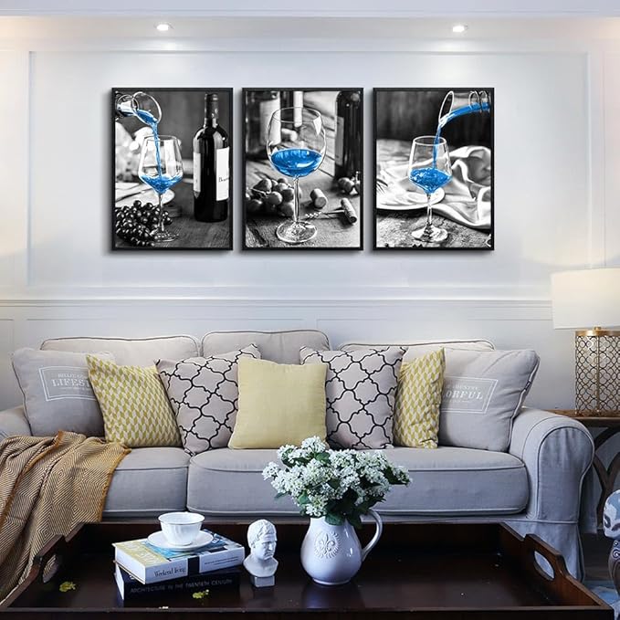 TTHYUEWS Large Black Framed Wall Art for Kitchen Modern Wall Decor for Dining Room Blue Wine Glasses Pictures Prints Artwork Black and White Wall Paintings Ready to Hang for Restaurant Home Decor