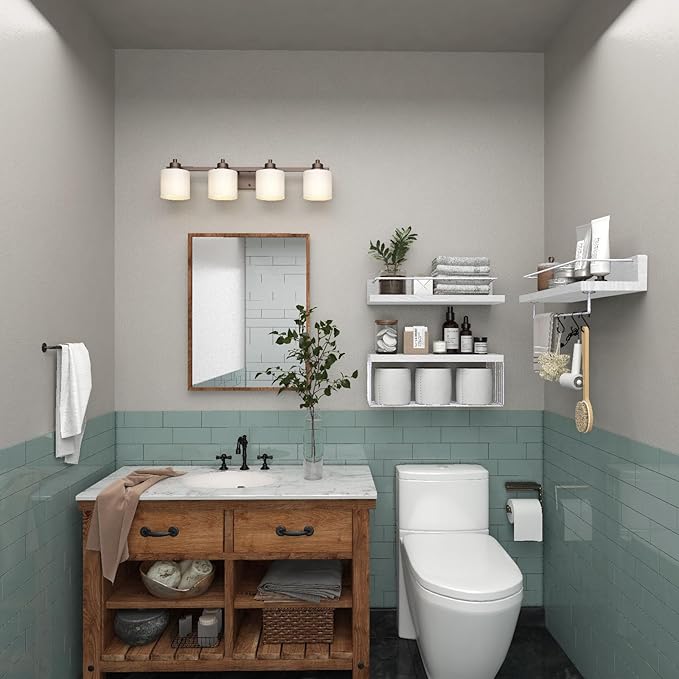 Bathroom Shelves Over Toilet for Wall, Floating Shelves with Storage Basket Paper Holer for Kitchen Living Room, Bedroom & Classroom, Set of 3 (White)