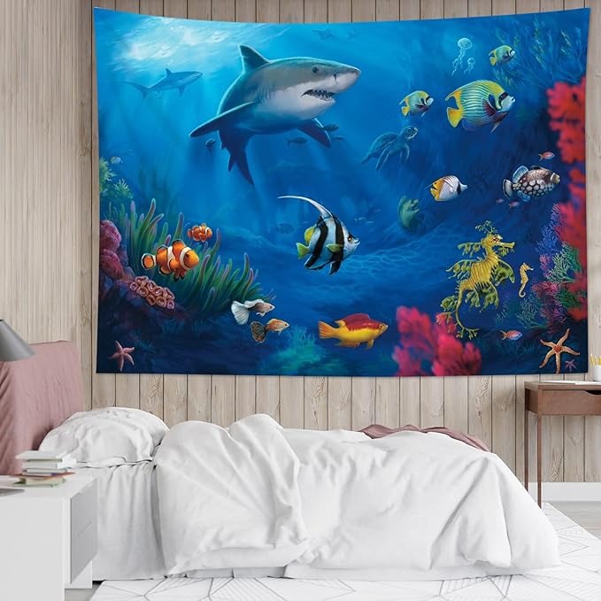 HVEST Blue Ocean Shark Tapestry Tropical Fish and Coral in Undersea World Tapestry Wall Hanging Sea Nature Landscape Wall Art for Bedroom Living Room Kids Tree Dorm Party Decor, 80W X 60H inches