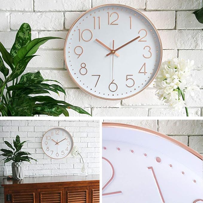 jomparis 12 Inch Battery Operated Silent Non-Ticking Wall Clock, Quality Quartz Sweep Rose Gold Wall Clock for Home Bedroom School