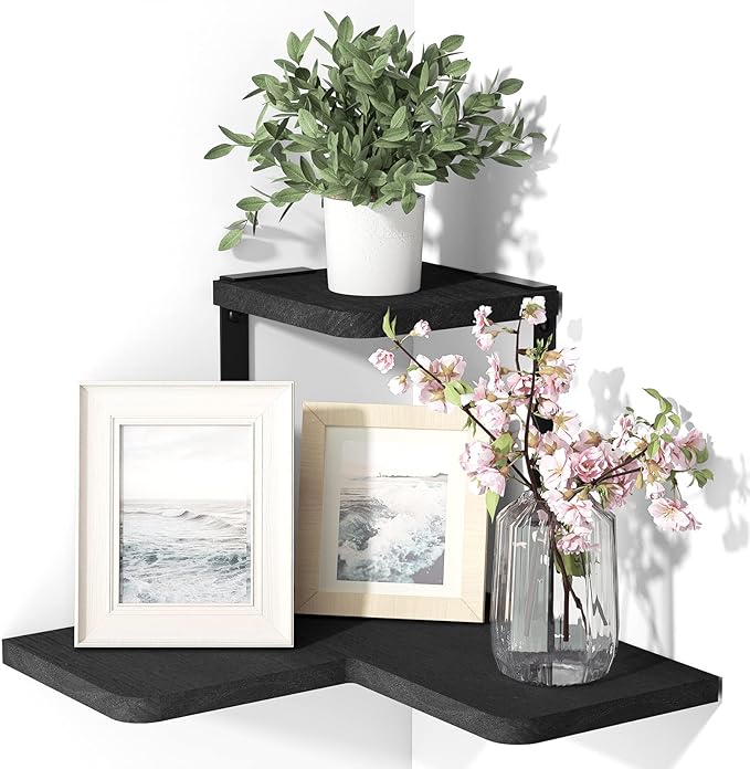 SRIWATANA Rustic Corner Shelf Wall Mounted, 2-Tier Floating Wall Shelves for Bedroom, Living Room, Bathroom, Black