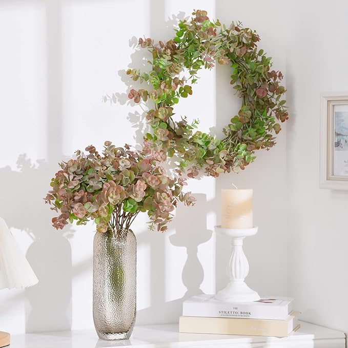 24pcs Artificial Eucalyptus Stems Fake Eucalyptus Leaves Branches Faux Greenery Stems for Vase Home Wedding Bouquet Wreath Decor, Red
