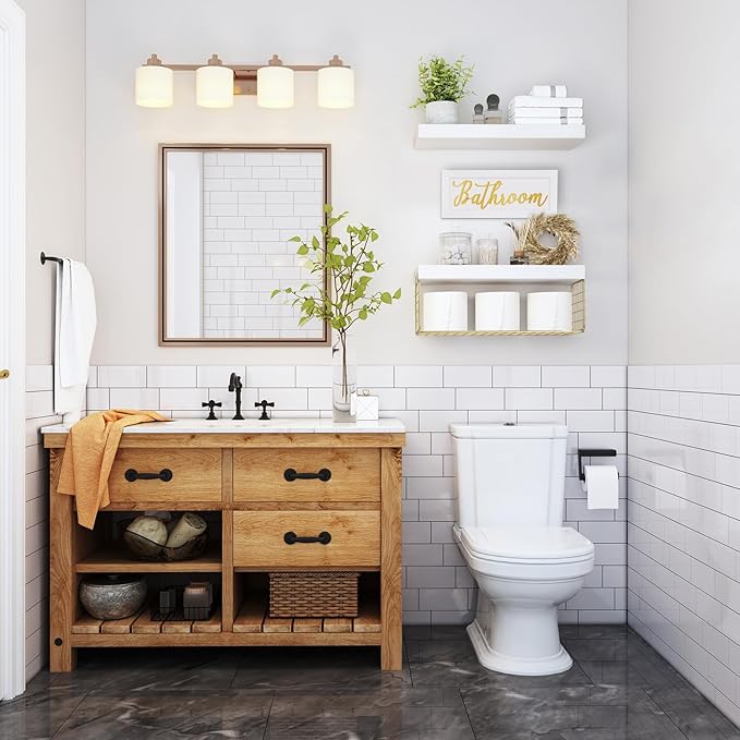 QEEIG Bathroom Shelves Over Toilet - Paper Storage Wall Mounted Farmhouse Decor Decorations Aesthetic Décor Sign Small Floating Shelf 2+1 Set 16 inch, White and Gold (020WG)