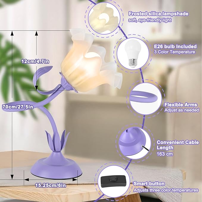 Vintage Flower Bedside Desk Lamp, 3 Color Modes with E26 Bulb, Small LED Unique Gooseneck Cute Table Lamp for Living Room, Modern Night Light for Kids Bedroom Decor, Girls Reading, Office, Purple