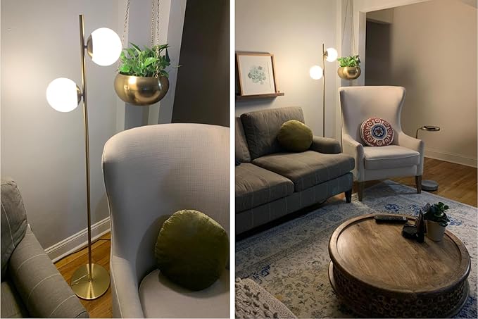 Brightech Sphere Floor Lamp for Living Room, Mid-Century Modern 2 Globe Pole Light for Bedroom, Bright LED Standing Lamps for Offices, Contemporary Living Room Décor – Gold/Antique Brass
