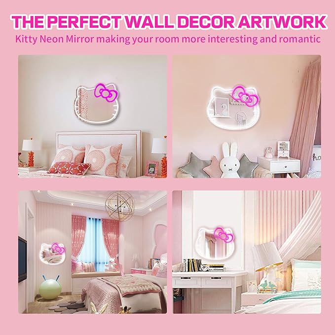 Anime Hello Kit Mirror with light Neon signs for Wall Decor, Neon Mirror with Dimmable for teen girl gift,makeup Mirror neon sign room decor (16.1 * 14 inch)
