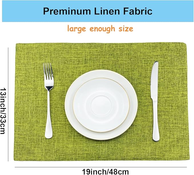 Weabetfu Cloth Placemats Set of 4 Heat Resistant Dining Table Placemmats Cotton Linen Machine Washable Kitchen Table Mats Wrinkle Free Thick Fabric Place Mats,Easy to Clean,13×19inch,Grass Green