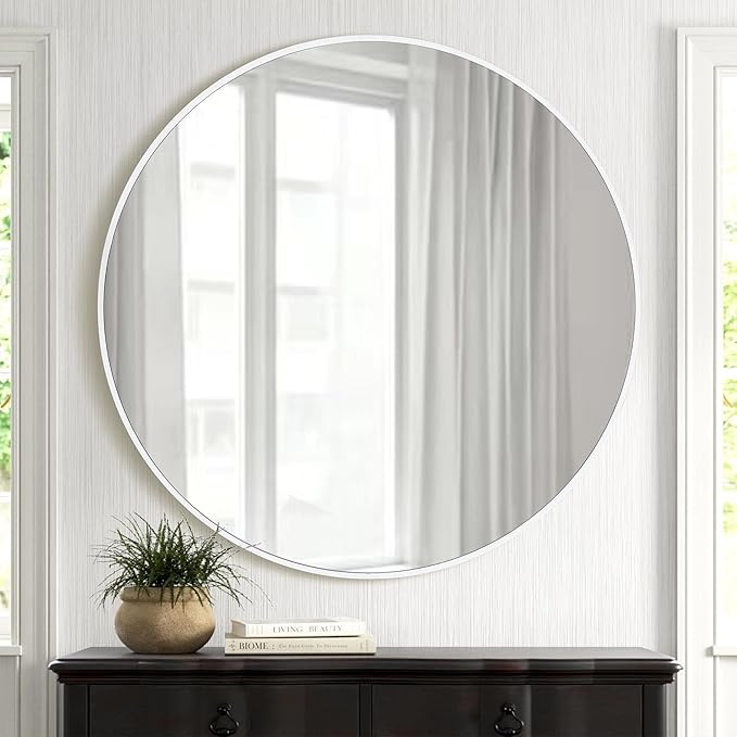 CULER Round White Bathroom 36 Inch Mirror,Circle Wall Modern Mirror for Bedroom,Hanging Vanity Tempered Glass Mirrors for Entryway or Living Room