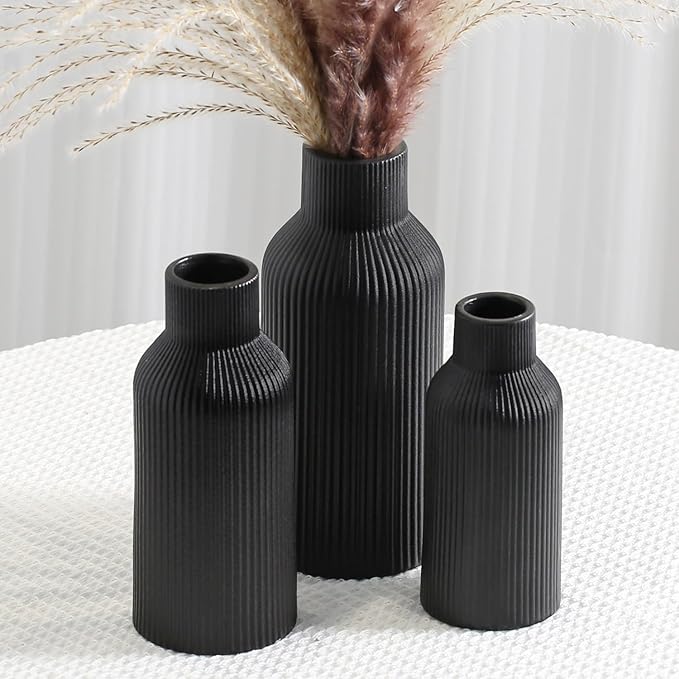 Black Ceramic Flower Vase Set of 3, Pampas Grass Small Vase for Dining Table, Shelf Decor, Mantel, Entry Decor and Centerpieces, Minimalist Modern, Bohemian