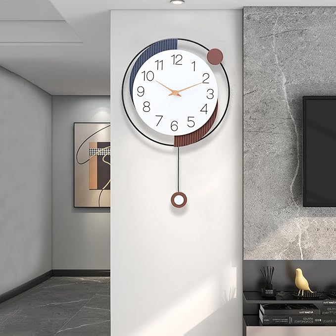Decorative Silent Quartz Wall Clock with Pendulum, Battery Operated, Large 13x20 inch for Living Room, Kitchen, Home, Bathroom, Bedroom Wall Decor