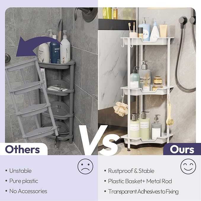 SWTYMIKI Corner Shower Caddy Standing - 3 Tier Floor Standing Shower Organizer with 4 Hooks, Plastic & Stainless Steel Waterproof Corner Stand Shower Shelf Storage Rack for Bathroom, Bathtub, White
