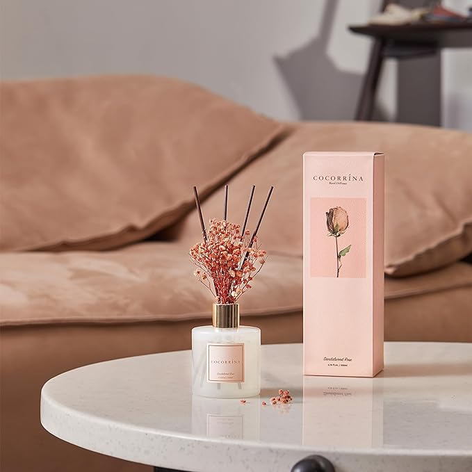 Cocorrína Premium Reed Diffuser Set with Preserved Baby's Breath & Cotton Stick Sandalwood Rose | 6.7oz Scent Fragrance Oil Diffuser for Bedroom Bathroom Home Décor