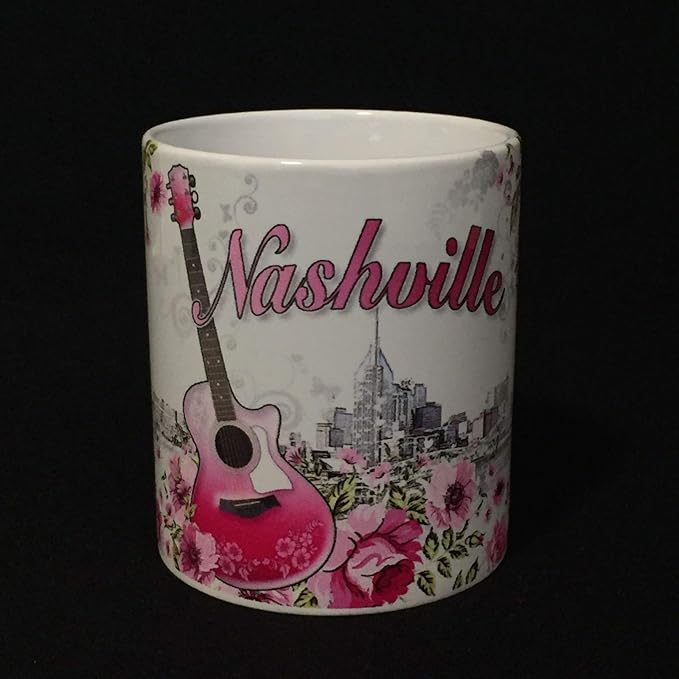 Sweet Gisele | City of Nashville Ceramic Mug | Coffee Cup | Downtown Skyline Background | Music City Theme | Pink Guitar & Floral Pattern Foreground | Great Novelty Gift | 11 Fl. Oz (Pink/Grey)