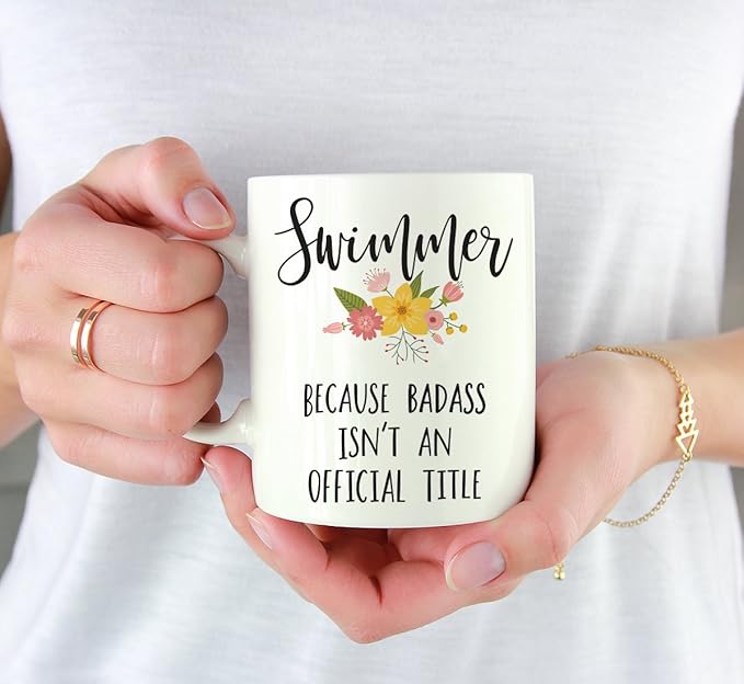 Andaz Press 11oz. Coffee Mug Gag, Swimmer Because Badass Isn't an Official Title, Floral Graphic, 1-Pack, Funny Witty Coffee Cup Birthday Christmas Ideas