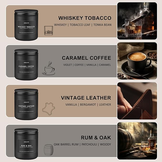 Scented Candles Set | Gifts for Men - 4Pack Masculine Candle for Father's Day, Soy Candle for Home Scented, Aromatherapy Gifts Scents of Caramel Coffee/Whiskey Tobacco/Rum & Oak/Vintage Leather