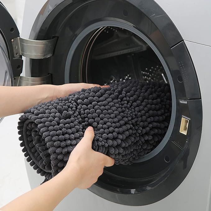 ACCUMTEK Striped Grey Bathroom Rug Set 3 Pieces Gray Ultra Soft, Non Slip Chenille Toilet Mat, Absorbent Plush Shaggy Bath Mats for Bathroom, Bedroom, Kitchen, Charcoal