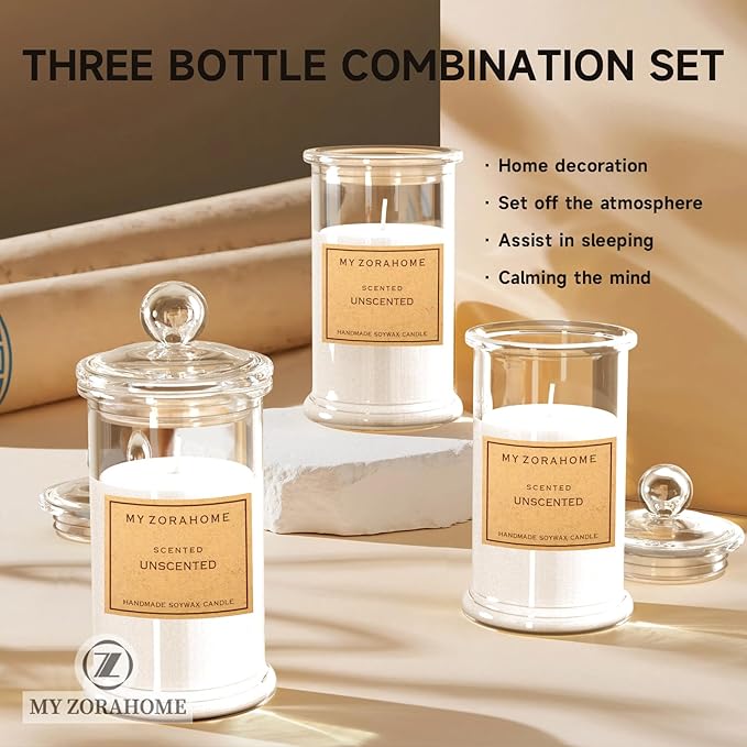 Aromatherapy Candles, Scented Candles for Home As a Holiday Candle Gift for Your Lover, Family, Elder, Friends and Colleagues (Set of 3 - Unscented)