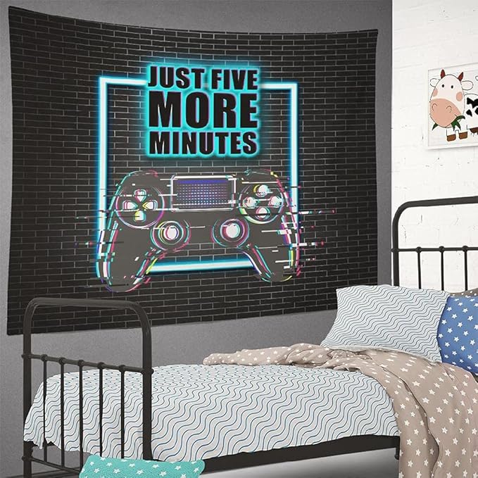 Gaming Tapestry Gaming Room Decor Wall Hanging JUST FIVE MORE MINUTES Cool Neon Blacklight Tapestries Conceptual Abstraction Modern Controller for Men Adults Teen Boys Bedroom Accessories 80x60 Inches