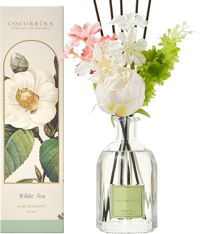 COCORRÍNA Reed Diffuser - White Tea 8.5 Fl.oz/ 250ml Flower Diffuser with 8 Sticks, Reed Diffusers for Home Bathroom Shelf Decor (Botanical Flower Collection)