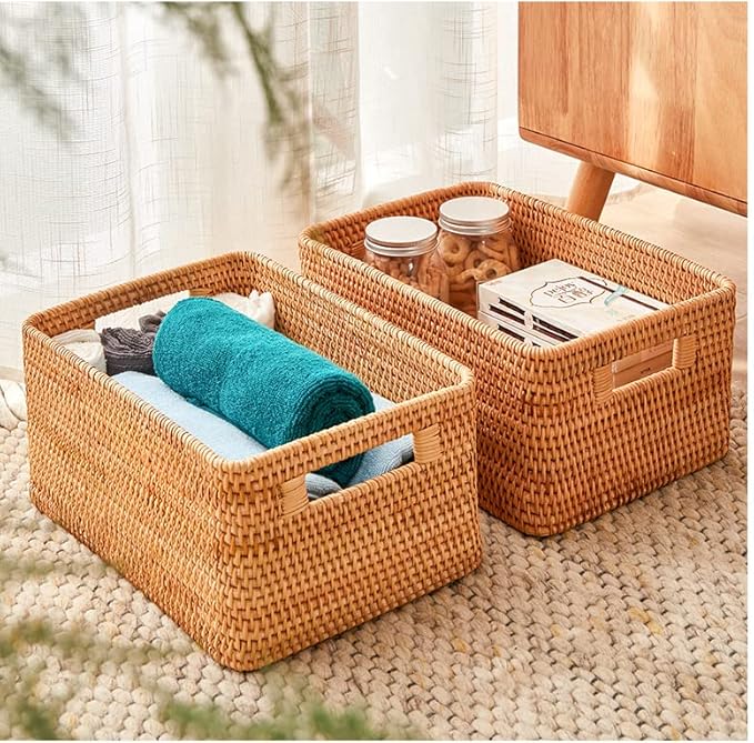 Rattan Basket With Lid, Large Lidded Basket For Storage(11.81" L×7.87"W×5.91"H)