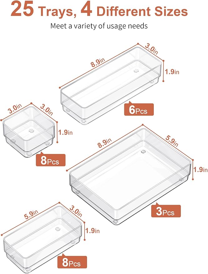 SMARTAKE 25-Piece Drawer Organizer with Non-Slip Silicone Pads, 4-Size Desk Drawer Organizer Trays Storage Tray for Makeup, Jewelries, Utensils in Bedroom Dresser, Office and Kitchen (Clear)