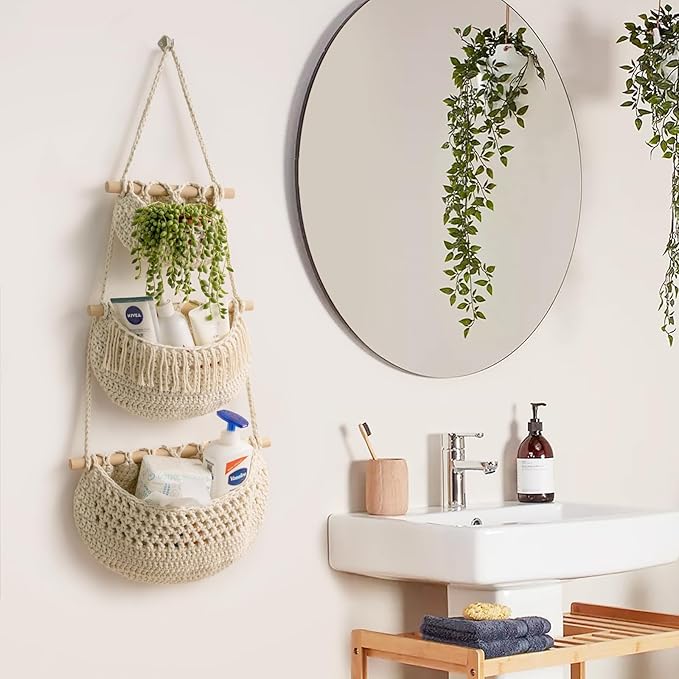 Hanging Fruit Basket,3 Tier Over The Door Organizer, Handmade Woven Cotton Rope Wall Hanging Baskets for Organizing, Boho Wall Basket Decor, Storage Baskets for Kitchen