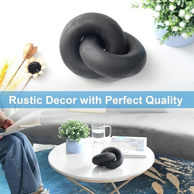 Wooden Knot for Coffee Table Decor Shelf Decor Boho Home Decor Statues, Modern Farmhouse Bookshelf Decorative Objects Wood Chain Link for Living Room- Black