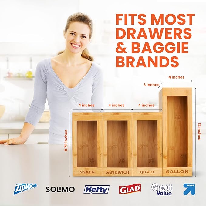 mHomeAid Bag Storage Organizer - Bamboo Food Plastic Baggie Holder, Dispenser, and Container for Kitchen Drawer - Fits Ziplock and Ziploc Gallon, Quart, Sandwich & Snack Sized Slider Bags (Bamboo)