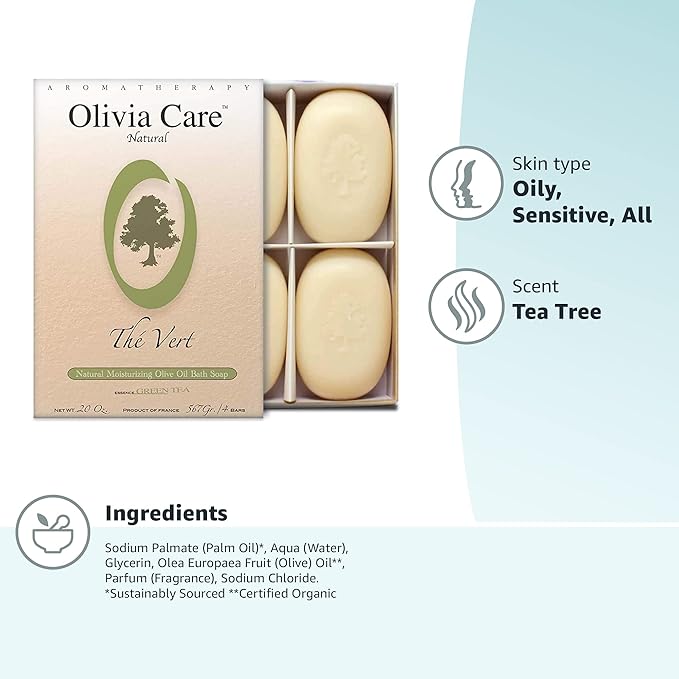 Olivia Care Bath & Body Bar Green Tea Soap 4 Pack Gift Box Organic, Vegan & Natural Contains Olive Oil Repairs, Hydrates, Moisturizes & Deep Cleans Good for Sensitive Dry Skin Made in USA 4 bars(Pack of 1)