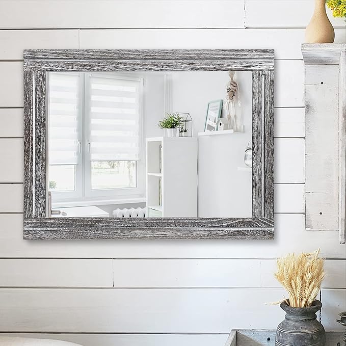 AAZZKANG Rustic Mirror Wood Framed Wall Mirrors Large 20"x16" Rectangle Decorative for Bedroom Bathroom Farmhouse Living Room Home Entryway