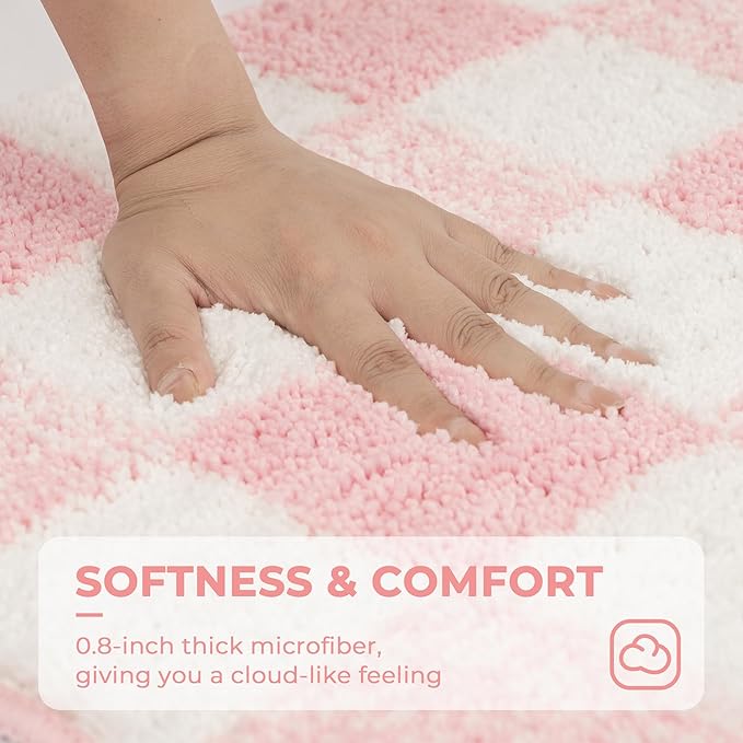 GRANNY SAYS Checkered Pink Bathroom Rugs,32" x 20",Fluffy Rug, Absorbent Microfiber Ultra Soft Bath Mat Washable, Non-Slip Bath Mats for Bathroom, Cute Floor Mat for Tub, Shower, Bedroom