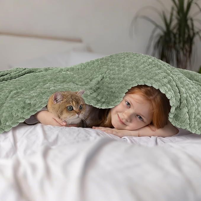 Vessia Flannel Fleece Throw Blanket, 3D Jacquard Sage Green Fuzzy and Warm Blanket for Couch,Sofa,Bed,Chair, 300GSM Super Soft Touch Cozy Throw for All-Season Home Decor(50x40inch)