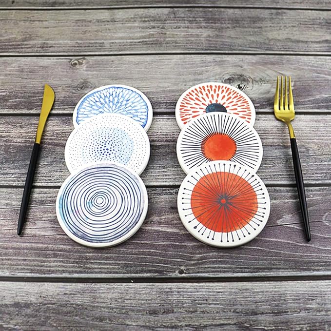 AD Set of 6 Coasters for Drinks Absorbing Round Ceramic Stone Coaster with Cork Base Tabletop Protection Mat for Mugs and Cups,Office,Kitchen (Colorful with Rose Gold Holder)