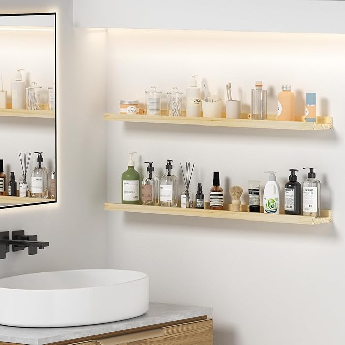 Floating Shelves for Wall 36 inch Long Wooden Wall Shelves for Bathroom Living Room Bedroom Kitchen Farmhouse, Natural Unfinished, No Stain, DIY, Set of 2 (Maple Wood, 2Pack 36inch)
