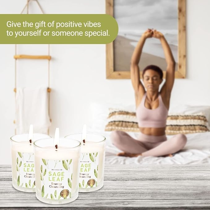 Magnificent 101 Long Lasting Set of 3 White Sage Leaf Scented Smudge Candle | 3.5 Oz Each - 42 Hour Burn | Soy Wax Candle for Energy Cleansing & Manifestation