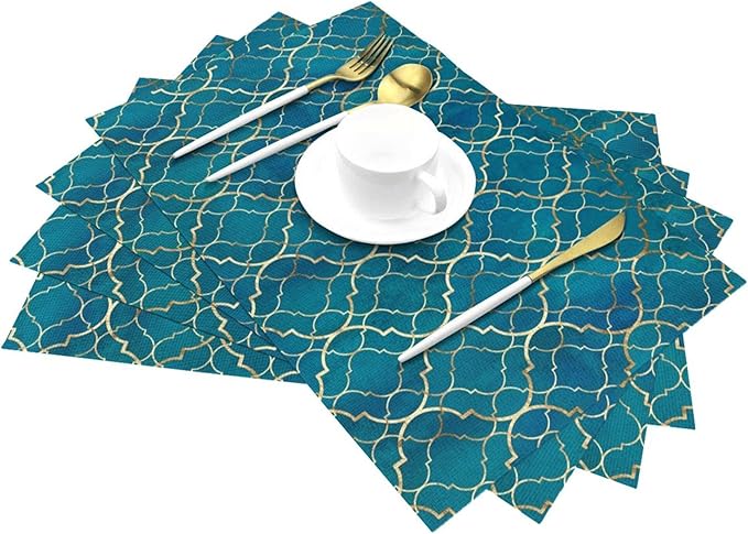 Blue Teal and Gold Modern Placemats Set of 4, Retro Table Mats Washable Heat Resistant Non-Slip for Kitchen Dinner Holiday Party Farmhouse Home Decor, Linen 12"x18"