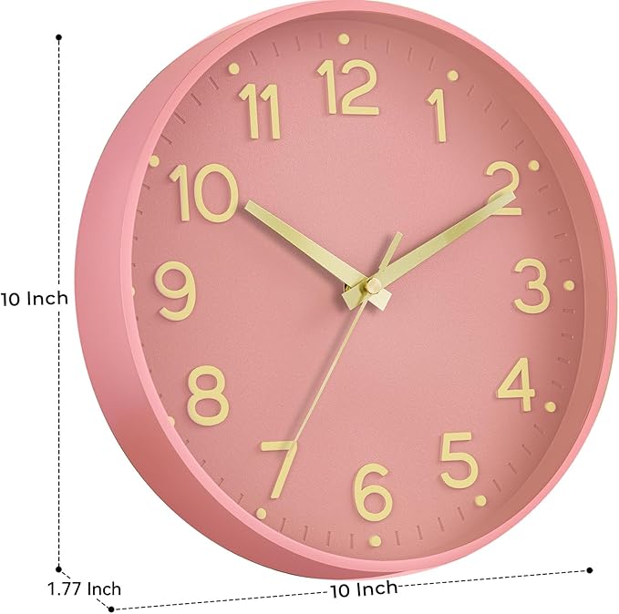 Silent Wall Clocks Battery Operated 10 Inch-Modern Non Ticking Analog Clock Decorative for Kitchen Office Bathroom Bedroom(Pink Gold)