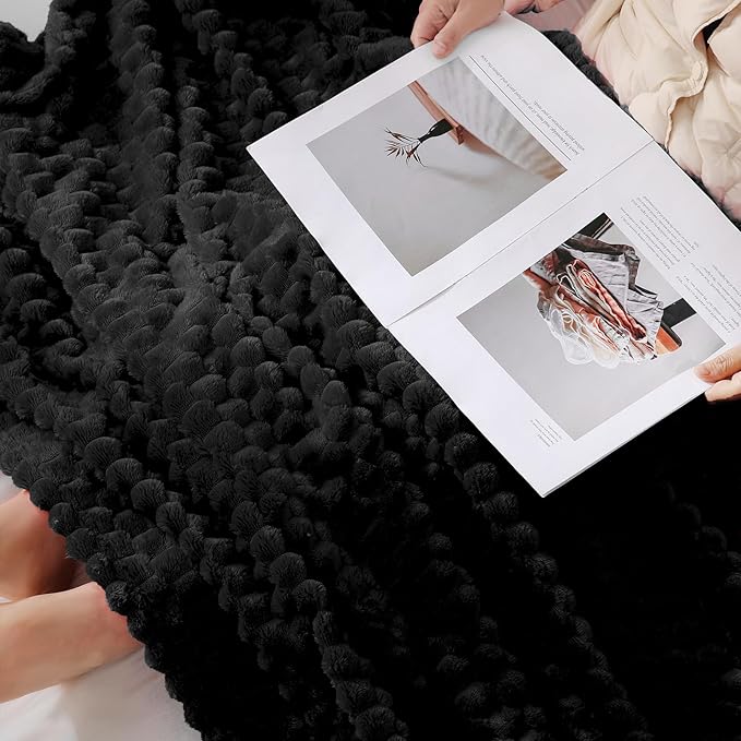 Puncuntex Black Throw Blanket 90"×90" inches Fuzzy 3D Jacquard Decorative Flannel Fleece Super Soft Plush Cozy Blanket for Couch Sofa Chair Lightweight