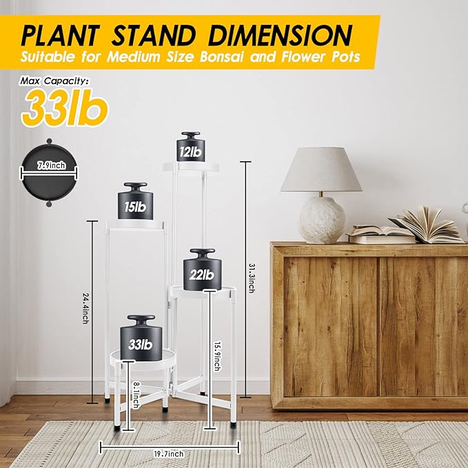 4 Tier Plant Stand Indoor Outdoor, 31 Inch Tall Metal Plant Shelf Waterproof, Plant Holder with Folding Design For Home, Living Room, White