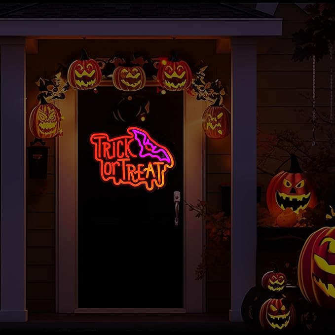 Halloween Neon Sign, Halloween Trick or Treat Neon Light Battery or Usb Powered for Wall Decor, Adjustable Brightness Halloween Neon Light(14.9 x 11.6 inches)