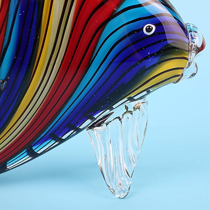 Hophen Art Glass Crystal Tropical Angel Swallow Fish Blown Handmade Sea Animal Figurine Sculpture Home Decor Collectible Statue Paper Weight Gift Ornament (Rainbow)