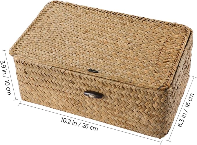IMIKEYA Seaweed Baskets with Lids: Woven Baskets Seagrass Storage Woven Basket Straw Desktop Rattan Storage Basket Hand-Woven Storage Basket Organizer for Shelf Desktop Home Decor