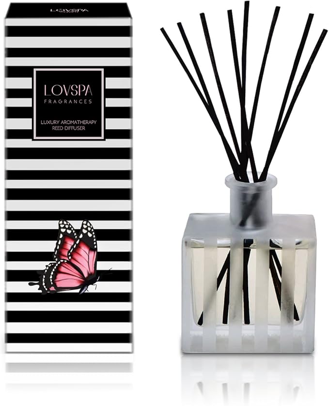 LOVSPA Red Currant Reed Diffuser and Scented Sticks Gift Set - Tart Red Currants, Vanilla, Lime & Raspberry Scent Notes - Diffuser for Large Rooms - Made in The USA