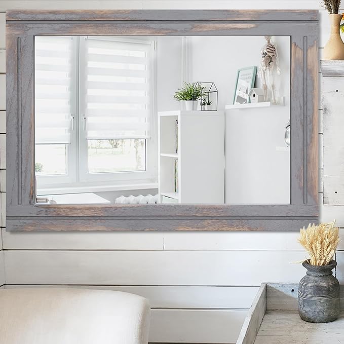 AAZZKANG Wood Framed Mirror Rectangular Rustic Wall Mirrors Decorative Large 28"x20" for Farmhouse Bathroom Living Room Bedroom Grey