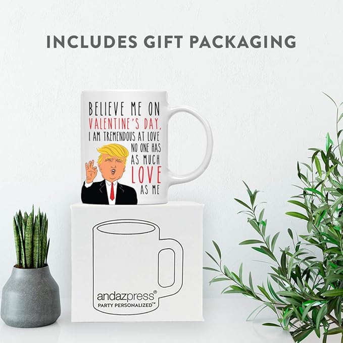 Andaz Press Valentine’s Day Funny 11oz. His Her Couples Coffee Mug Gift, Believe Me On Valentine's Day, I Am Tremendous At Love No One Has As Much Love As Me, Donald Trump Graphic, 1-Pack, Gift Box