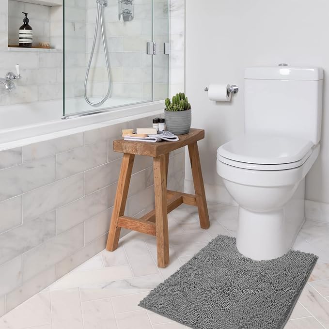 Bathroom Rugs Sets 2 Piece, Luxury Chenille Bath Mat Set, Soft Plush Anti-Slip Bath Rug + U-Shaped Toilet Mat. Microfiber Shaggy Carpet, Super Absorbent (24” x 36” & 20” x 24” U, Light Grey)